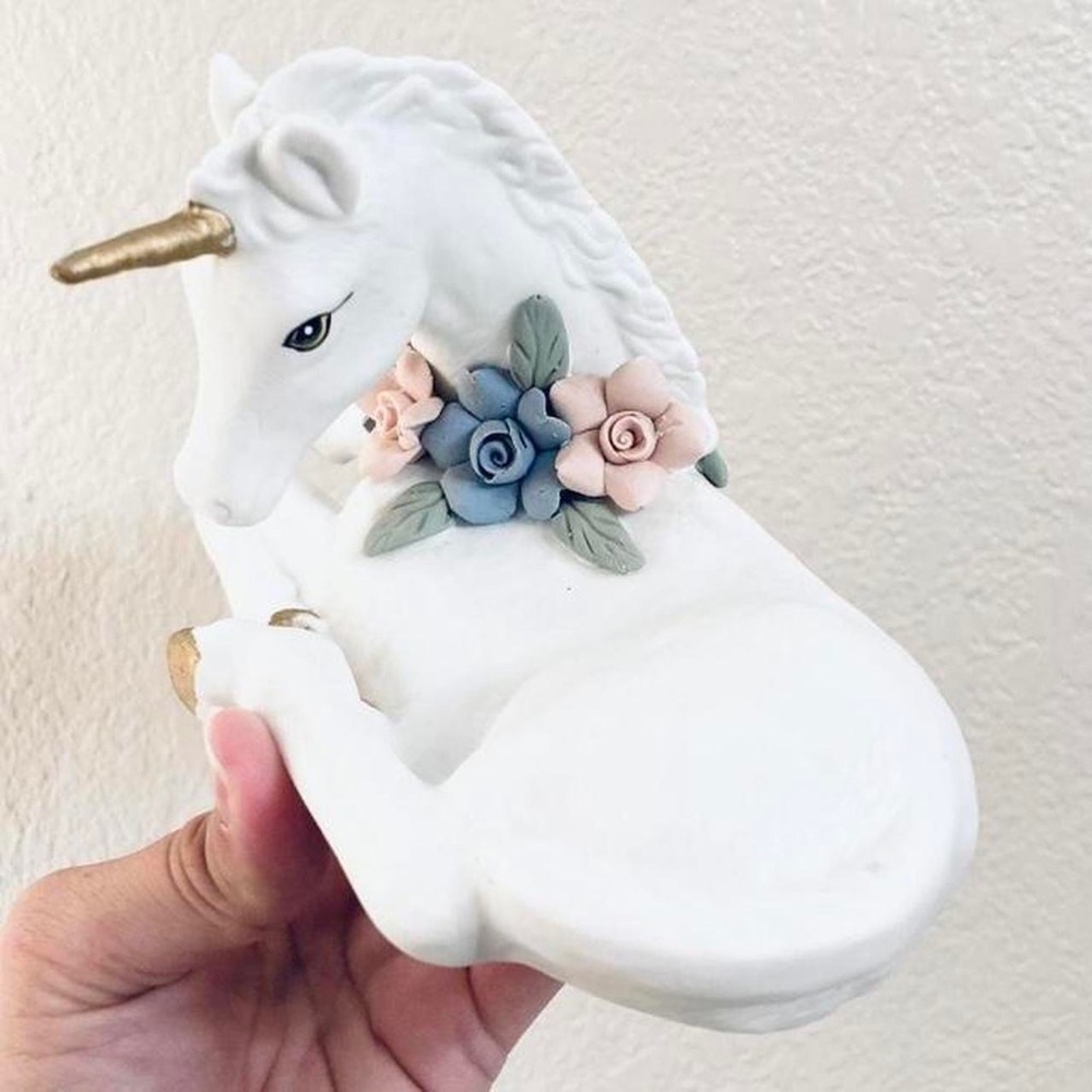 White Ceramic Unicorn Figurine with Pink & Blue Floral Accents